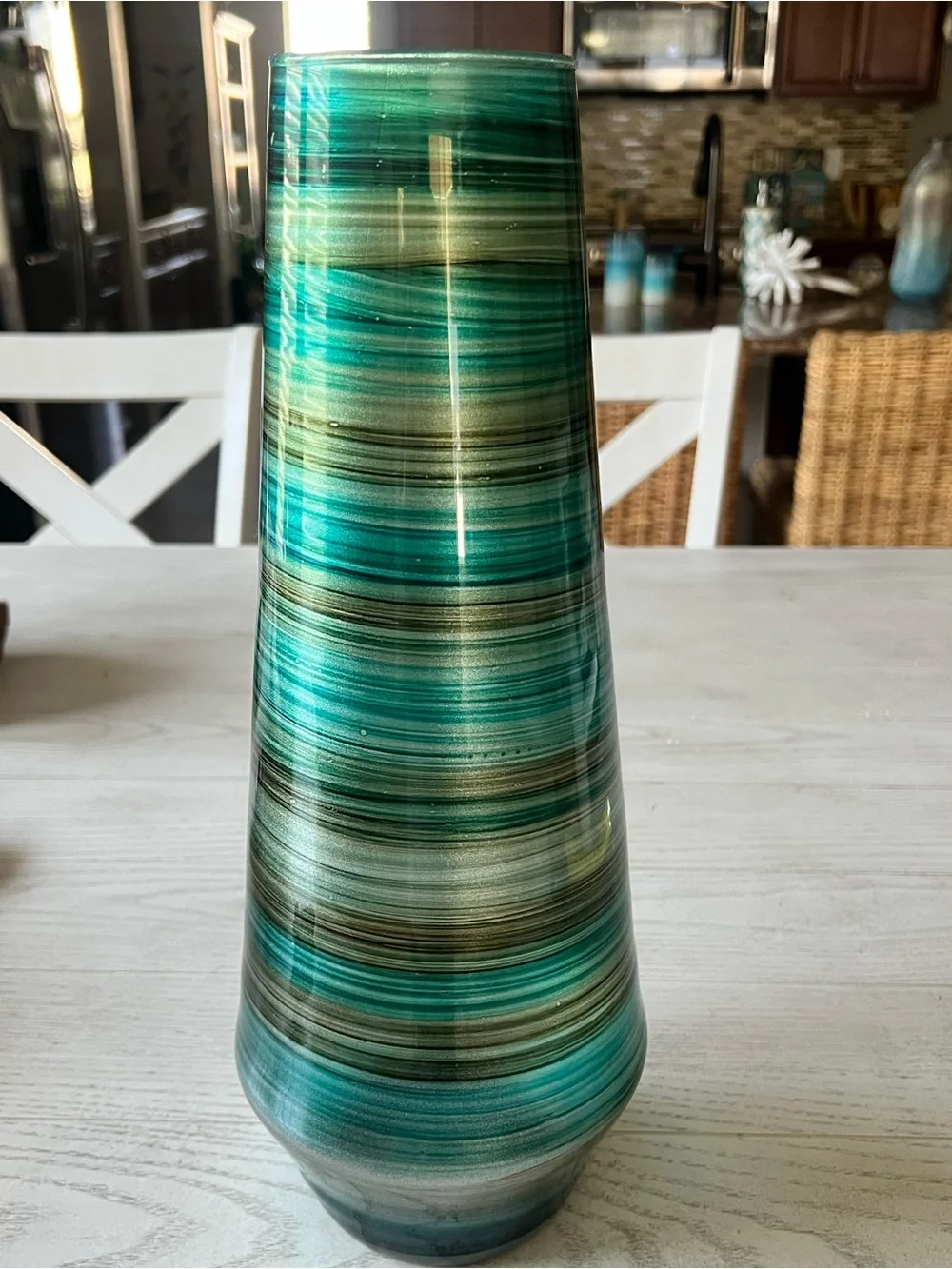 Tall Teal Green Brown Striped Glass Art Vase - 14”